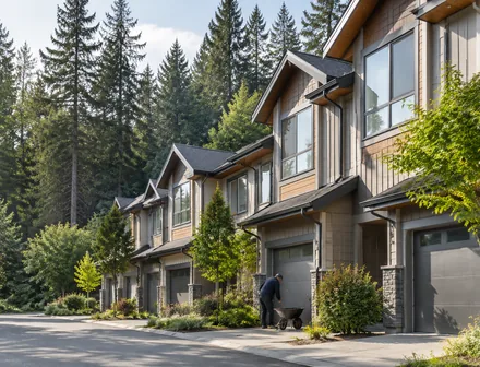 A short row of townhomes with landscaped fronts, townhomes for sale in Fraser Heights, Surrey