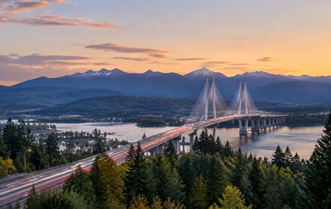 Highway 1 approaching the cable stayed Port Mann Bridge over the Fraser River near Surrey BC