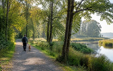 A floodplain forest trail beside the Fraser River at Surrey Bend Regional Park in Surrey BC