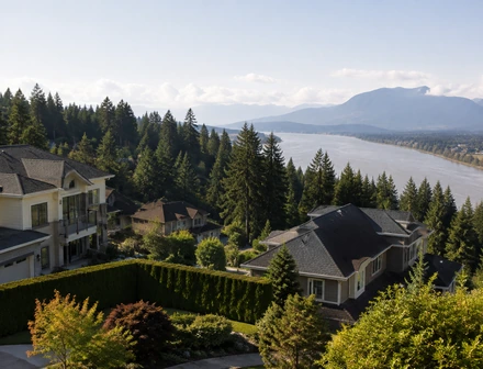 Rooftops of detached homes stepping down a treed slope, houses for sale in Fraser Heights, Surrey BC
