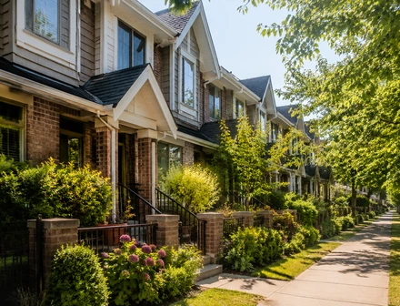 A row of three storey townhomes on a landscaped street, townhomes for sale in Guildford, Surrey BC