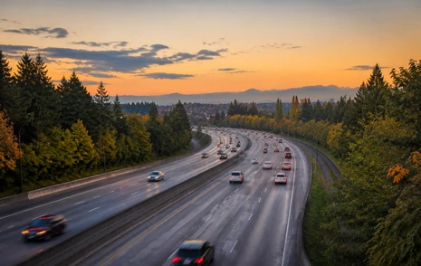 An aerial view of a Surrey BC neighbourhood of houses and mature trees beside a highway corridor