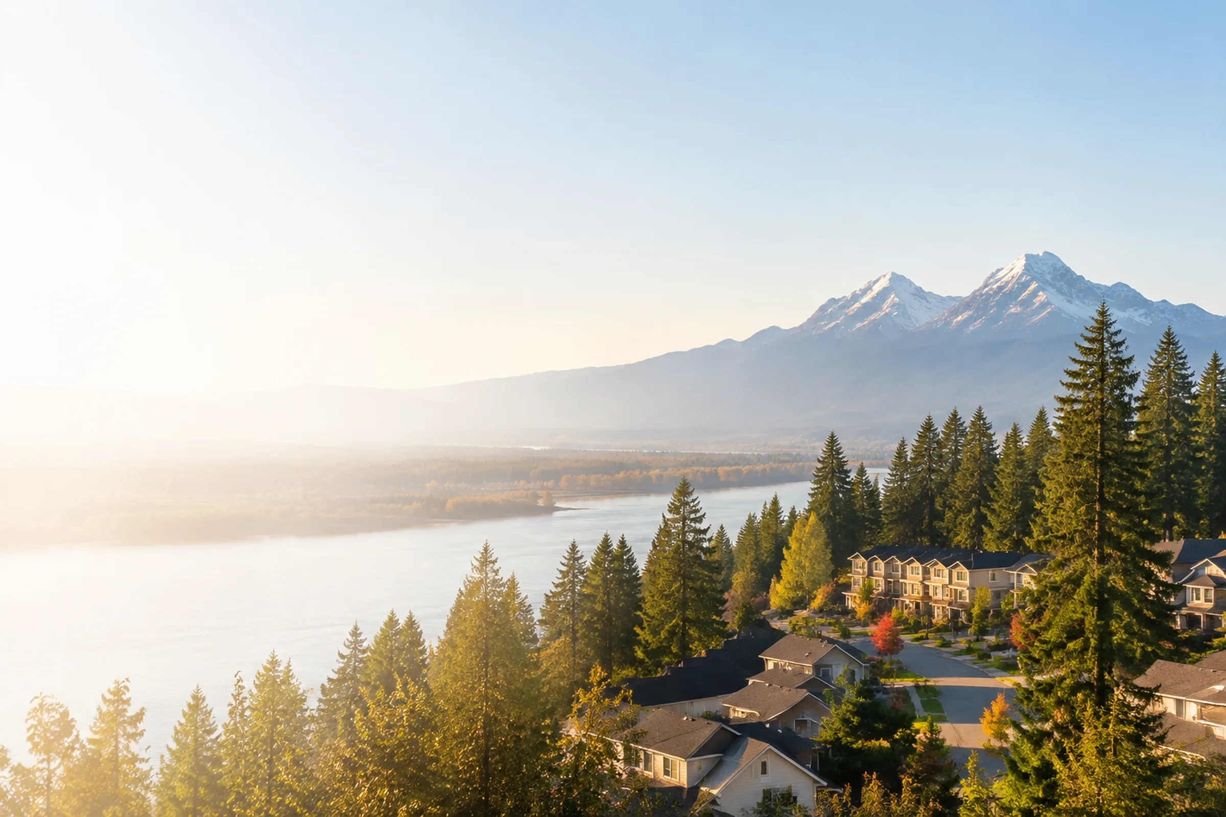 Elevated view over Maple Ridge neighbourhoods of detached homes and evergreens with the Fraser River below and the Golden Ears peaks behind, homes for sale in Maple Ridge BC