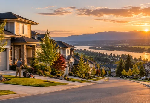 A street of newer detached homes with the Fraser Valley beyond in Albion, Maple Ridge BC