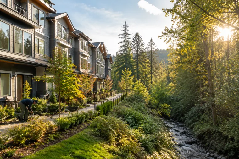 Newer townhomes beside a wooded creek corridor in Cottonwood, Maple Ridge BC