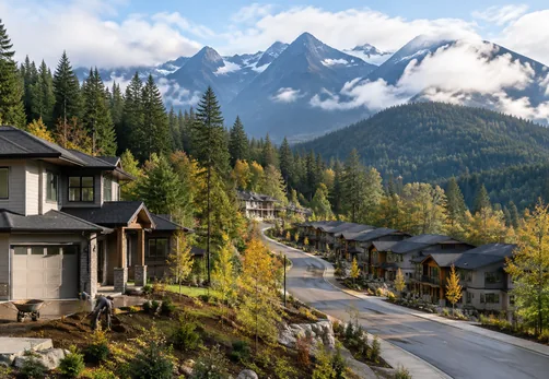 Hillside homes among tall evergreens with mountains behind in Silver Valley, Maple Ridge BC