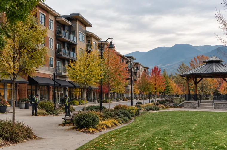Low rise homes and condos on a tree lined street in Maple Ridge Town Centre near Haney