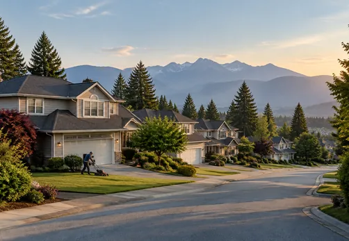 Detached family homes with mature trees in West Maple Ridge, BC