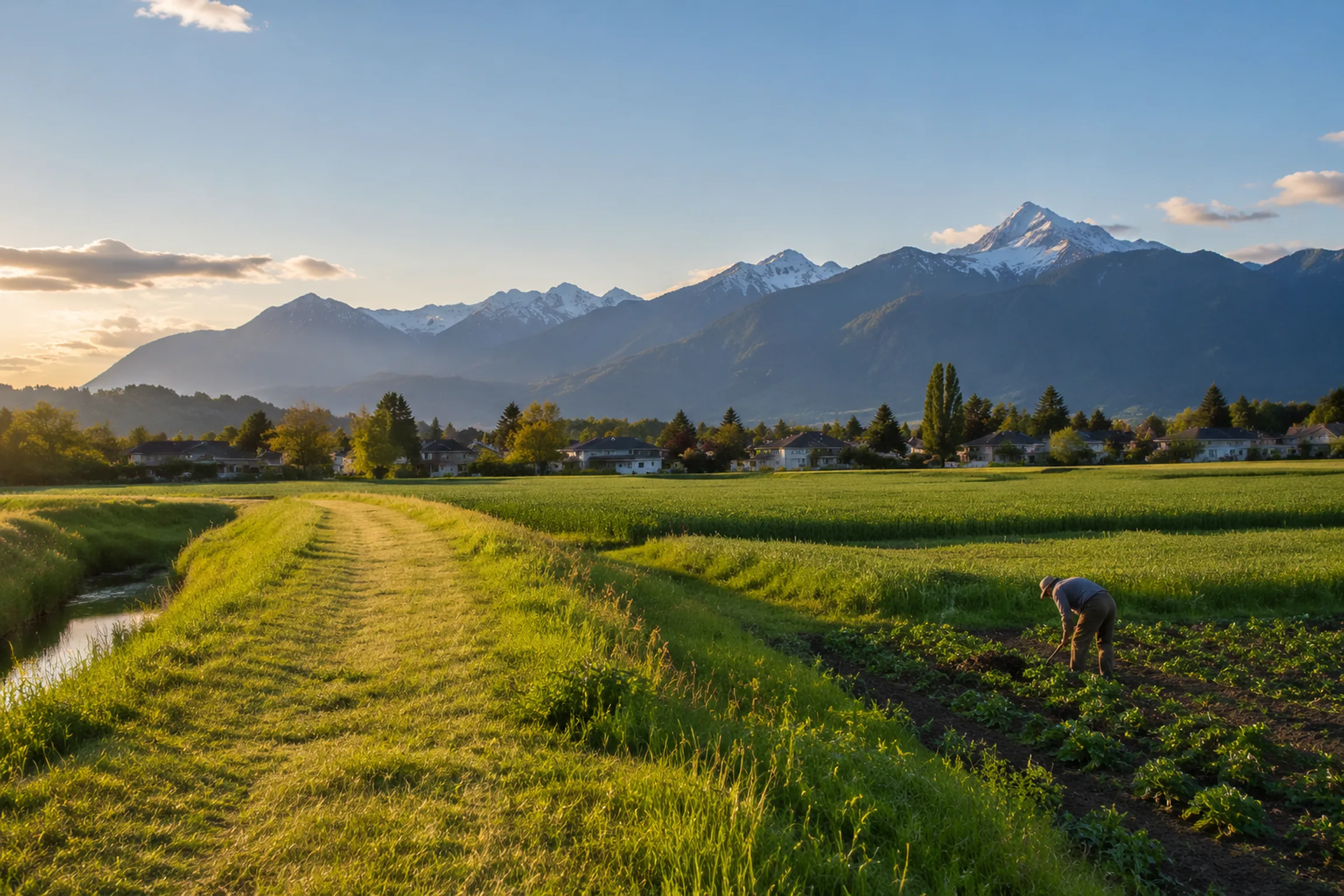 Flat farmland and dykes with homes and the mountains beyond in Pitt Meadows BC