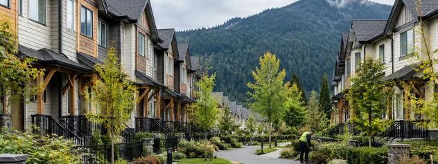 A row of 3 storey townhomes on a landscaped street, townhouses for sale in Maple Ridge BC