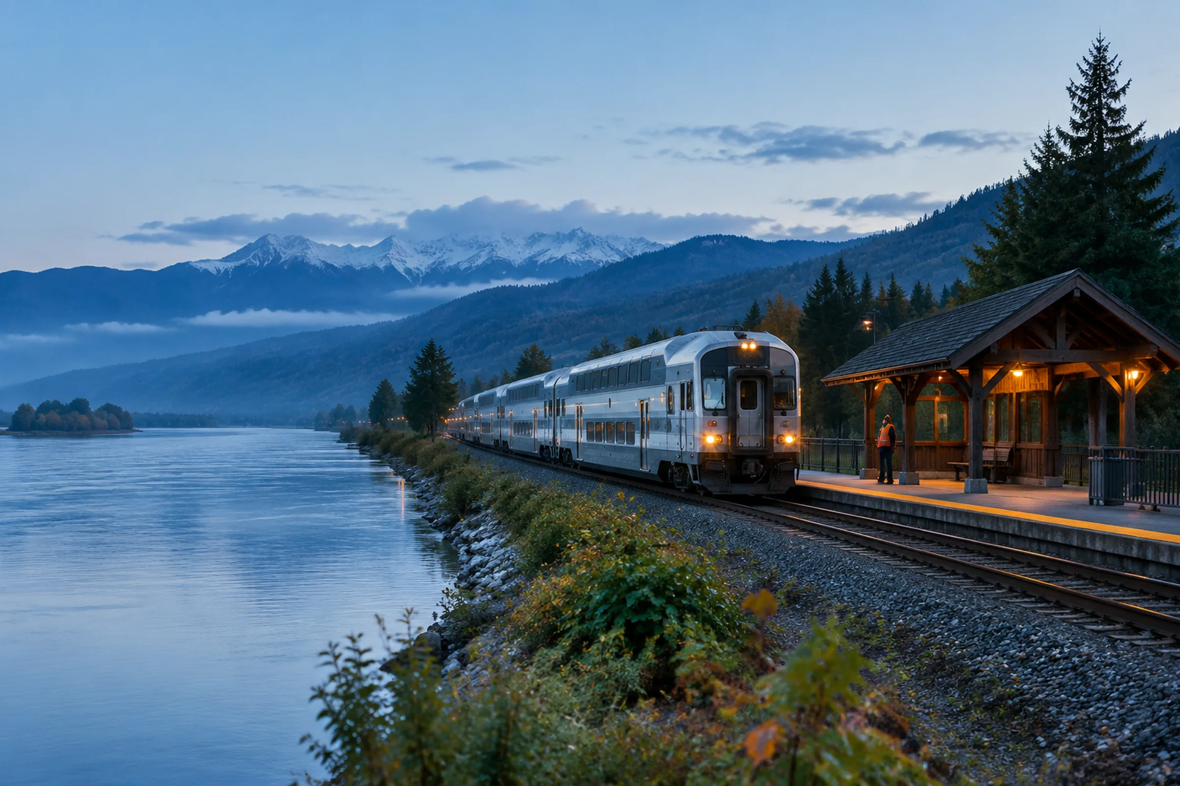A double deck commuter train running along a riverside rail line through Maple Ridge with forested mountains behind, the West Coast Express corridor