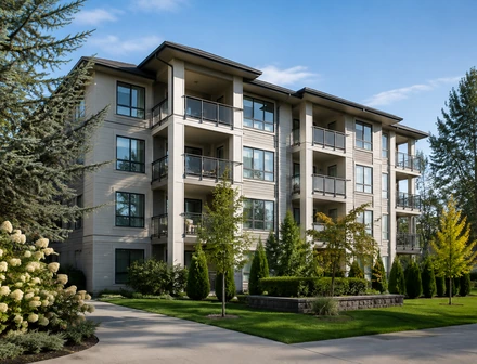 A low rise apartment building with balconies in Mission BC