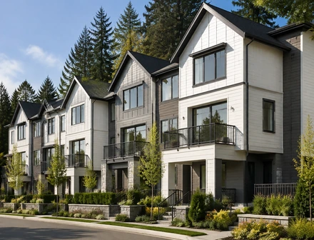 A row of newer townhomes on a landscaped street in Mission BC