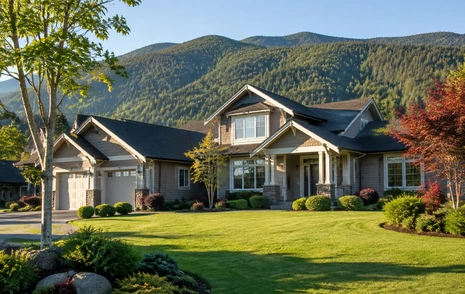 A detached family home with a wide garden and mountains behind, Mission BC