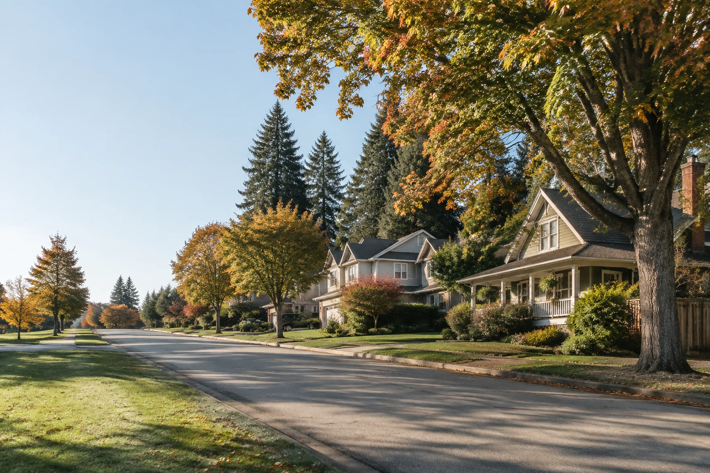 A quiet Murrayville street in Langley BC with mature trees, a heritage era house and newer family homes on generous lots