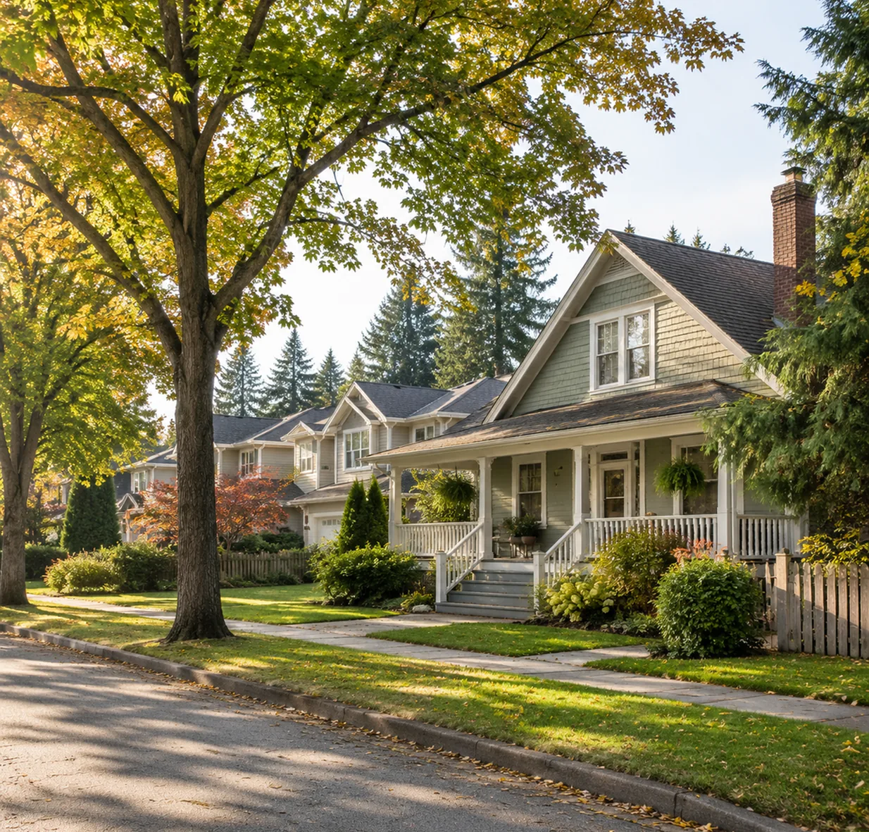 A heritage era house and newer family homes on a tree lined street in Murrayville, Langley BC