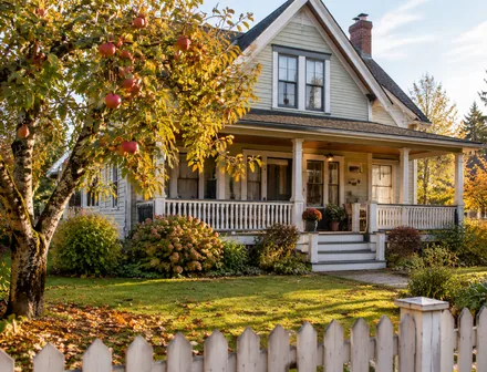 A restored early 1900s house with a deep porch in the Murrayville heritage area, Langley BC