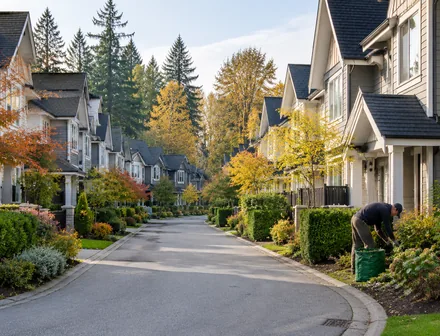 A townhome complex with landscaped front gardens, townhomes for sale in Murrayville, Langley
