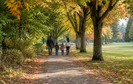 A family walking a shaded path past a wave pool recreation centre in Langley BC