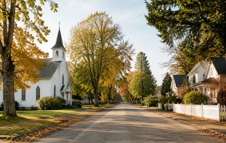 Heritage houses and a church on a tree lined street at Murray’s Corner, Langley BC