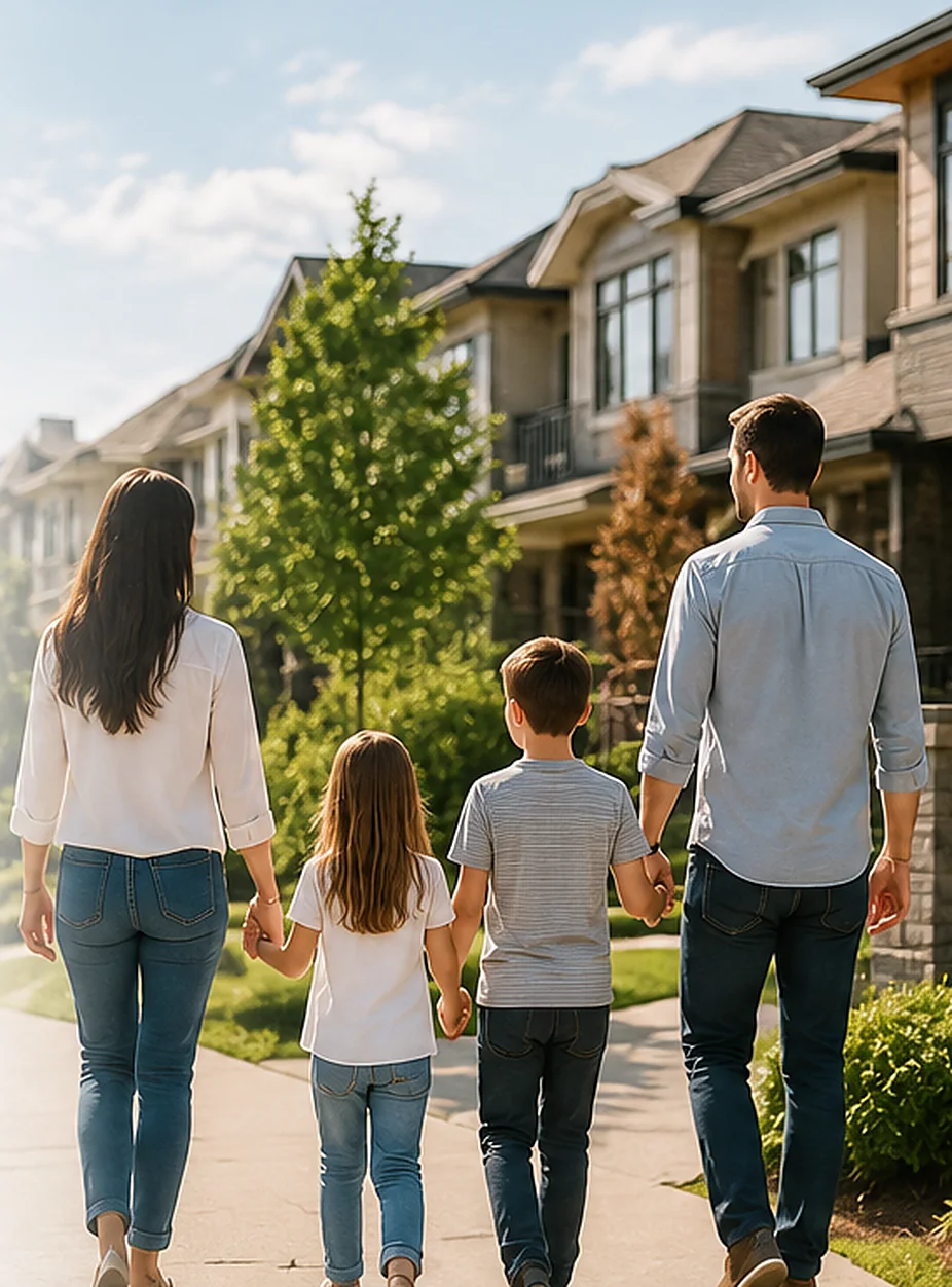 A family walking past detached homes and townhomes in Newton, Surrey BC