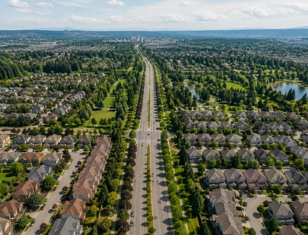 An aerial view of Newton Surrey homes with the Coast Mountains behind