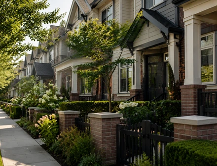 A row of three storey townhomes on a landscaped street, townhomes for sale in Newton, Surrey