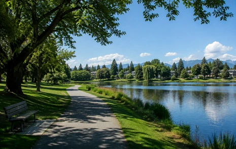 A family walking a shaded park path in a Surrey BC neighbourhood