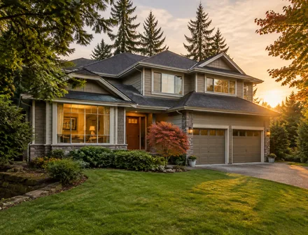 A two storey detached house with a driveway and mature trees in North Delta, BC