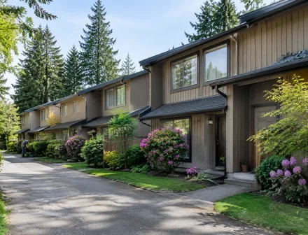 A row of townhomes with small front gardens, townhomes for sale in North Delta, BC
