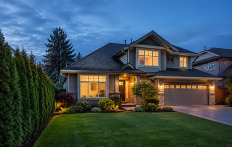 A detached family home lit at dusk, houses for sale in North Delta, BC