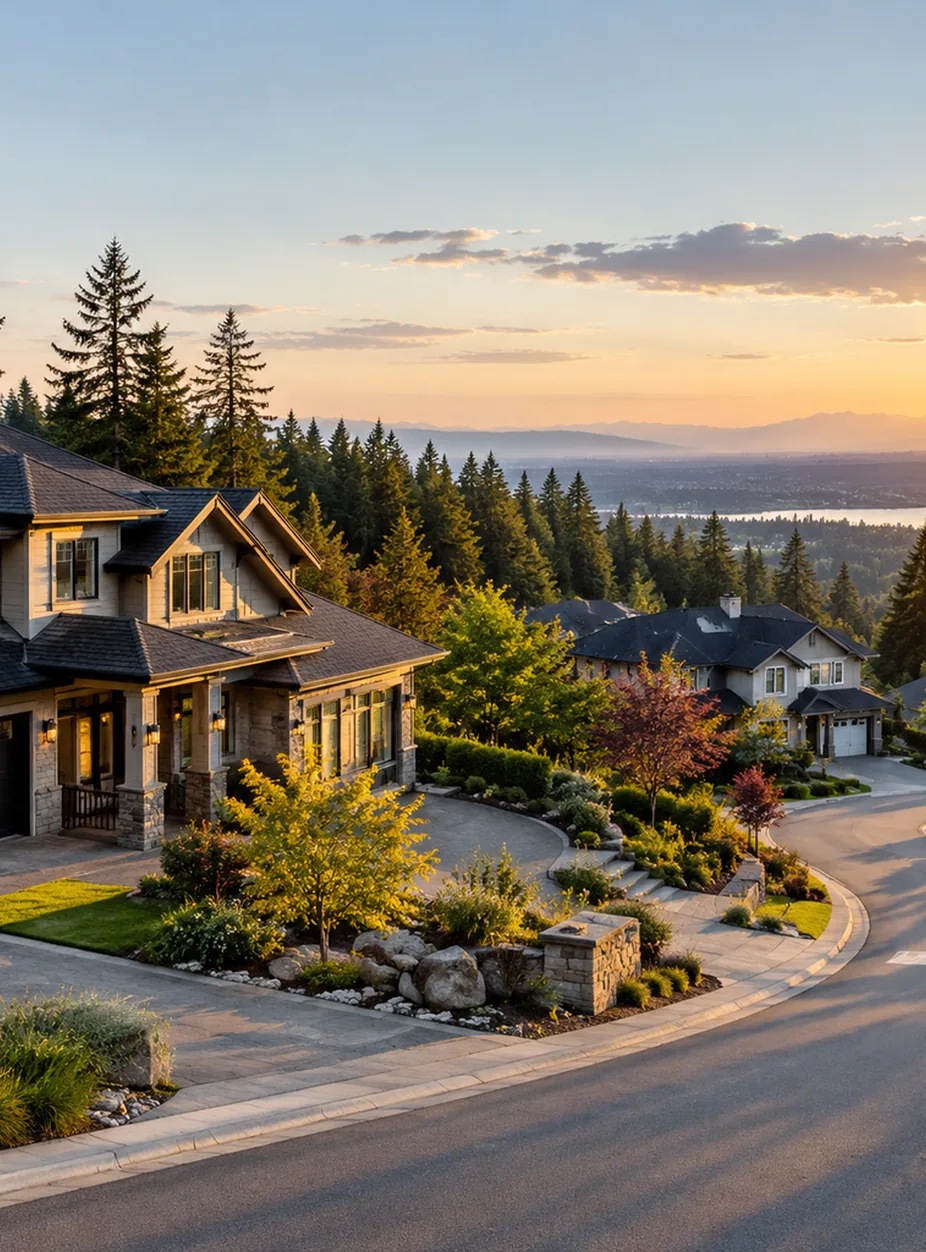 Large detached homes on a treed ridge in Panorama Ridge, Surrey BC