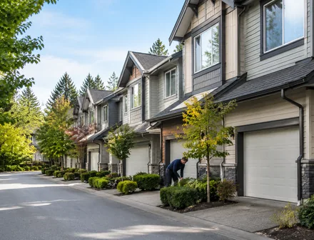 A row of townhomes with small front gardens, townhomes for sale in Panorama Ridge, Surrey