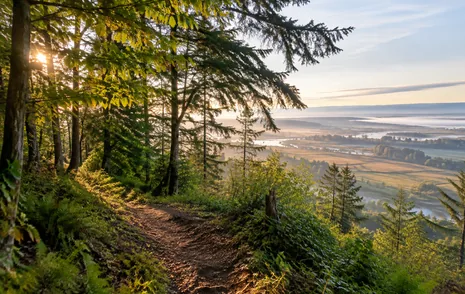 A forested slope with trails above the Mud Bay lowlands at Colebrook Park in Surrey BC