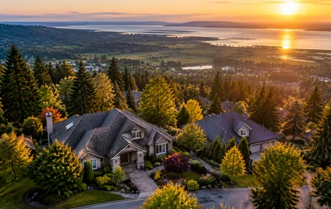 Rooftops of large detached homes among mature trees on Panorama Ridge in Surrey BC