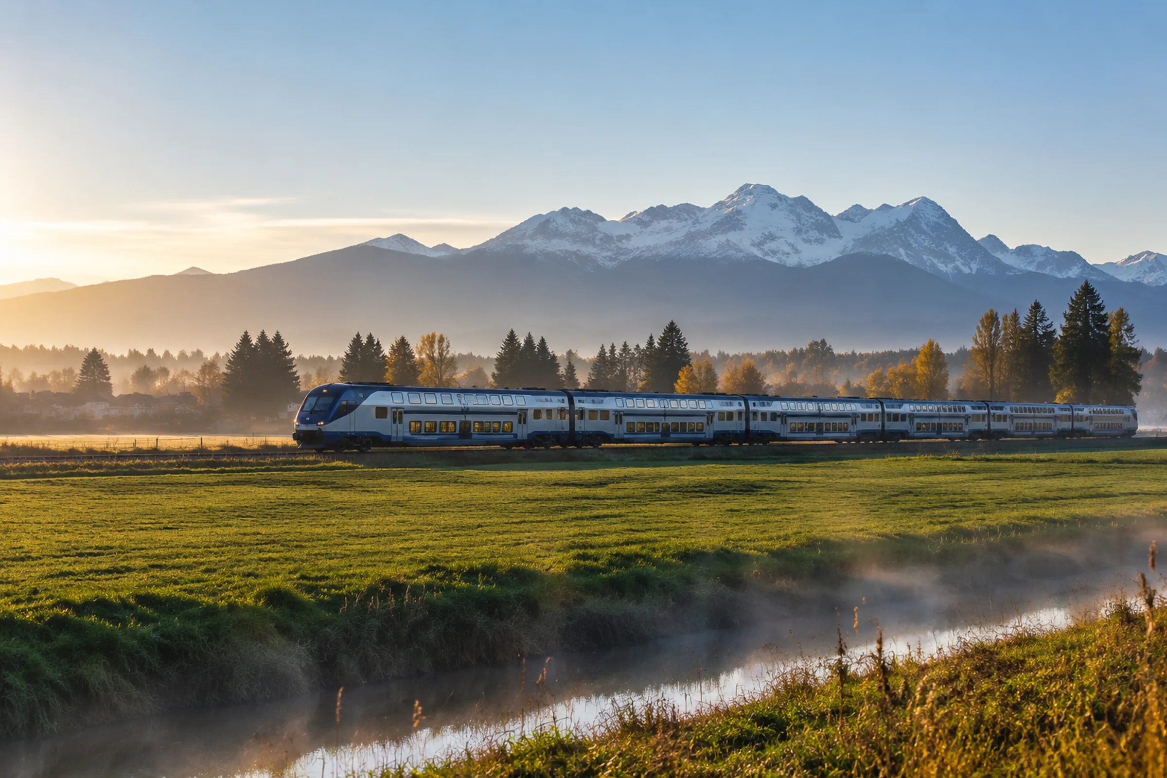 A commuter train crossing flat farmland in Pitt Meadows with the Golden Ears peaks behind, the West Coast Express