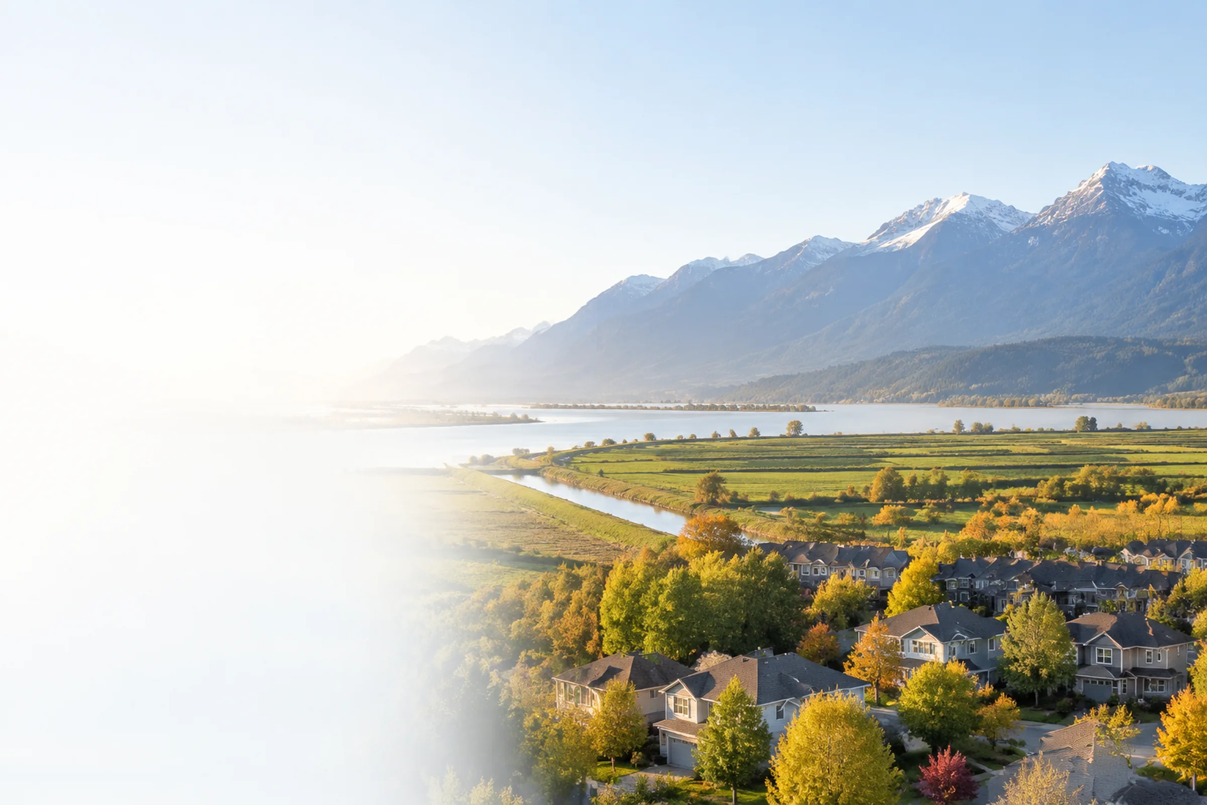 Elevated view over Pitt Meadows homes and blueberry fields with the dikes of the Pitt River and the Golden Ears peaks behind, homes for sale in Pitt Meadows BC