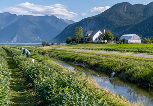 A farmhouse beside blueberry fields and a dike in the Pitt Polder, Pitt Meadows BC
