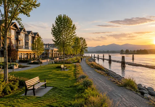 Townhomes beside a waterfront park and dike trail in Osprey Village, Pitt Meadows