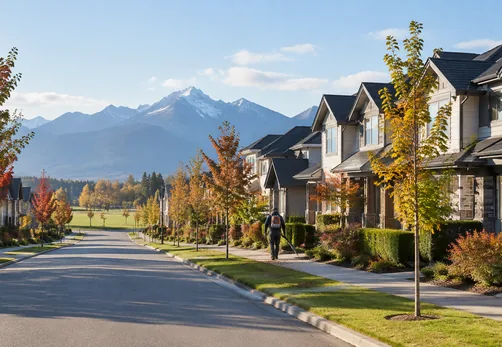 Newer homes on a quiet residential street in South Bonson, Pitt Meadows BC