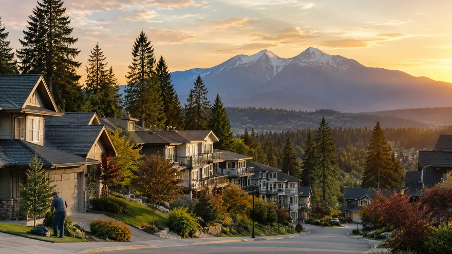 Homes on a hillside street in Maple Ridge BC with the Golden Ears peaks behind