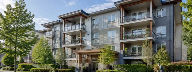 A low rise condo building with balconies, condos and apartments for sale in Pitt Meadows BC