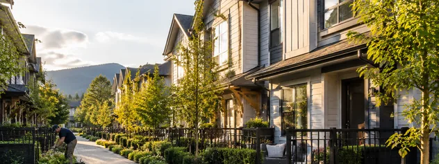 A row of townhomes on a landscaped street, townhouses for sale in Pitt Meadows BC