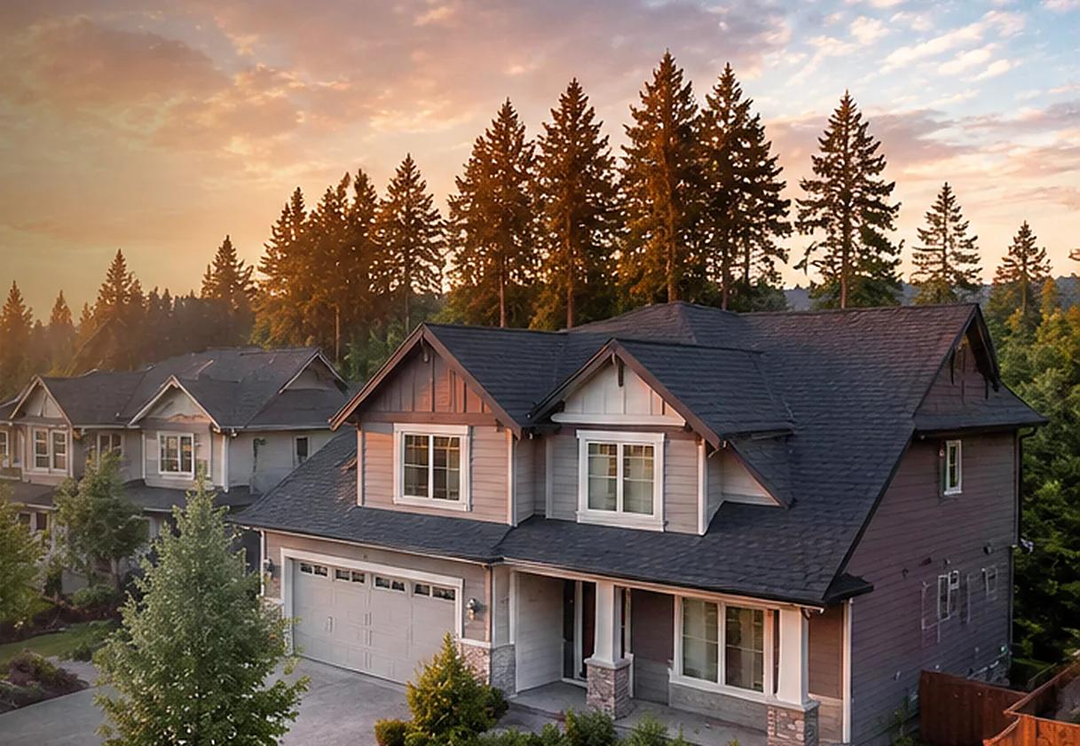 A detached house among tall evergreens on a large treed lot in Langley BC
