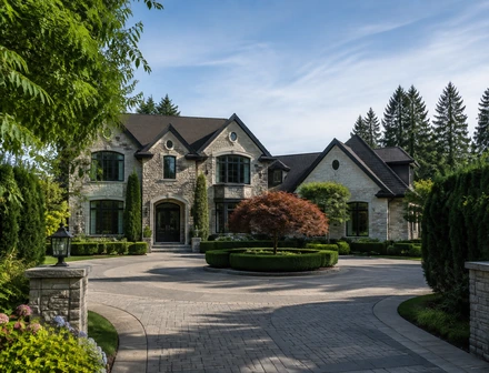 A large detached house framed by mature evergreens in South Surrey BC