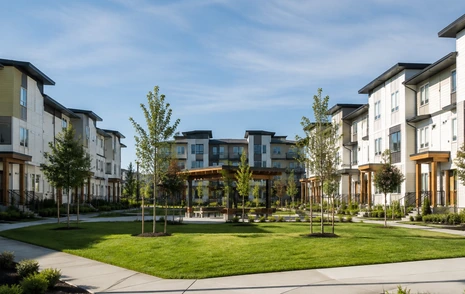 A long row of townhomes on a landscaped street in Morgan Heights, South Surrey