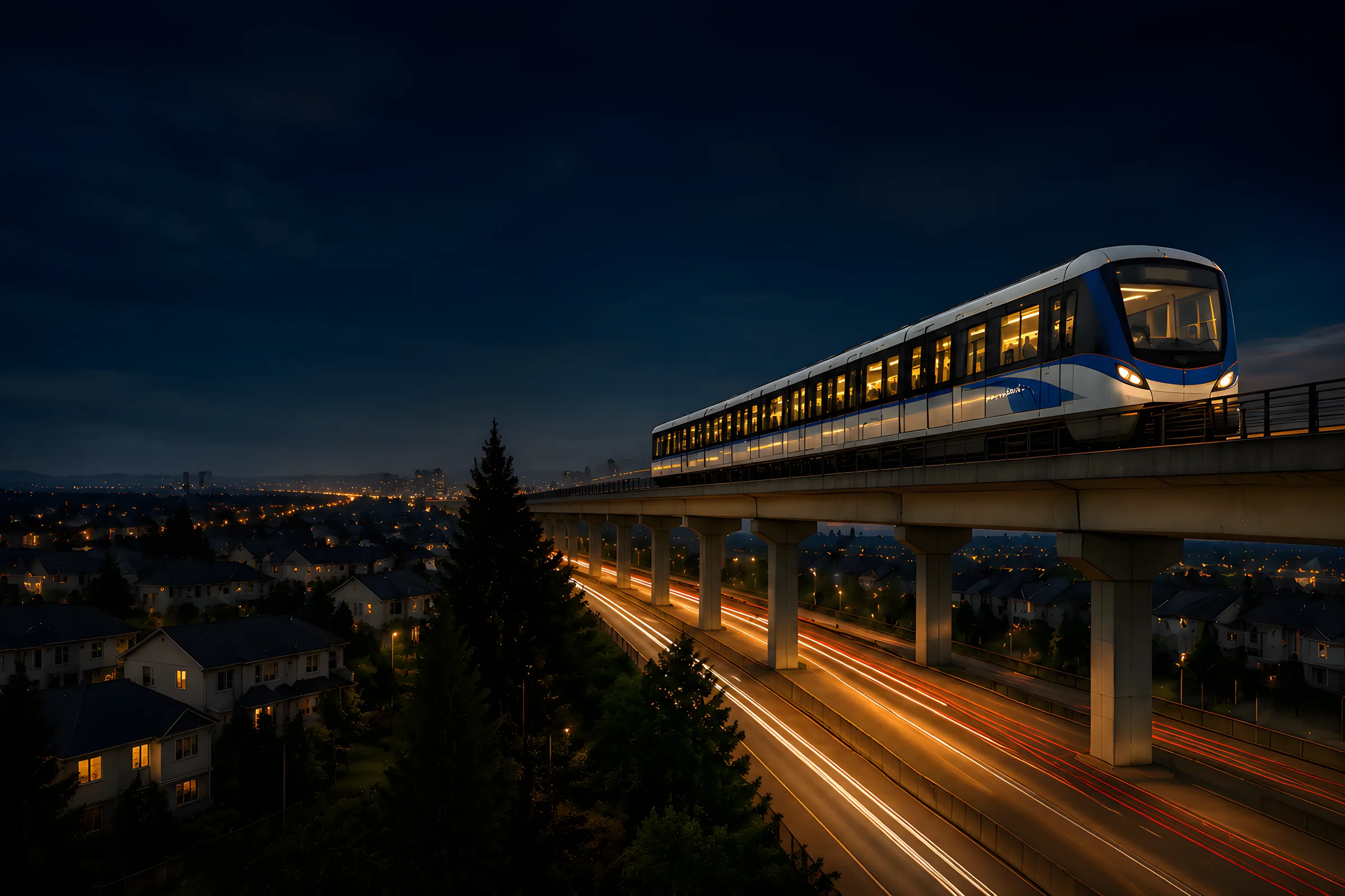 A SkyTrain crossing an elevated guideway at night above a lit highway and the rooftops of a Surrey neighbourhood, the Surrey to Langley Expo Line extension