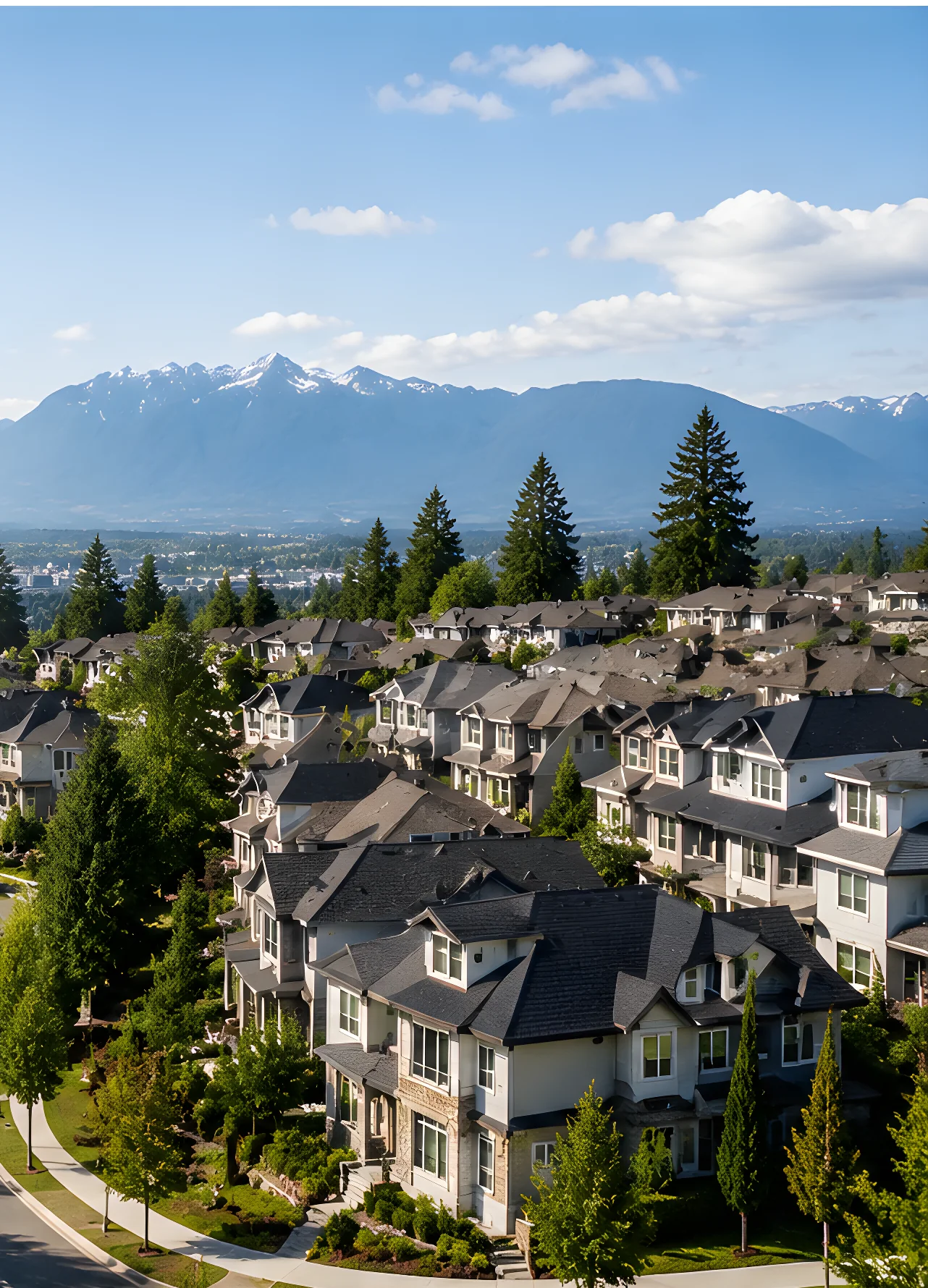 Aerial view of a Surrey townhome neighbourhood with the Coast Mountains behind