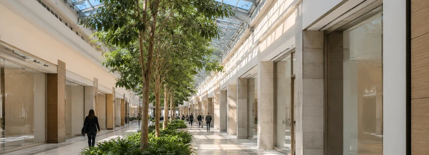 A large shopping centre concourse with planting and daylight, Guildford Town Centre in Surrey BC