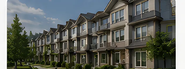 A row of three storey townhomes on a landscaped street, townhouses for sale in Surrey BC